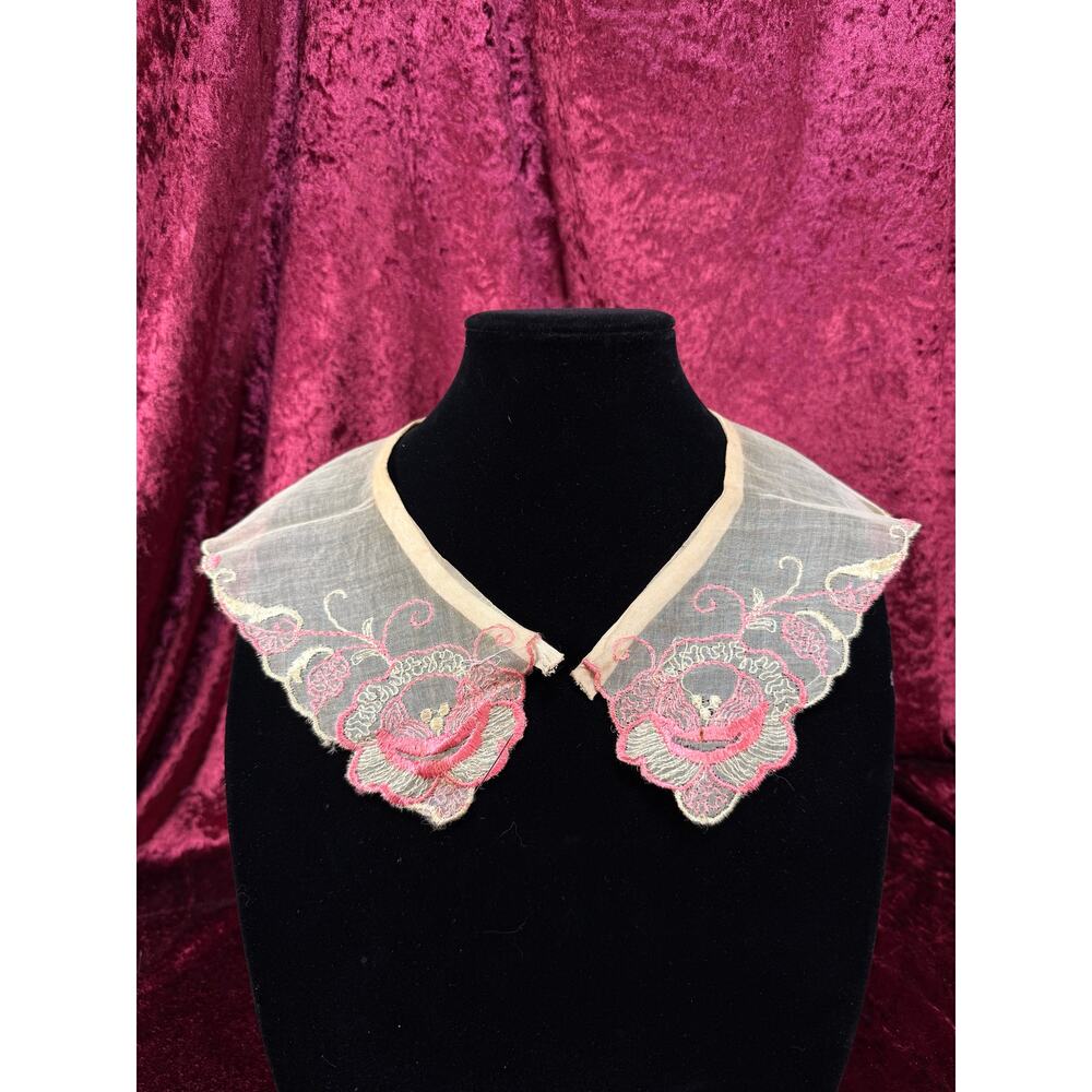 Vintage Sewing Notions Sheer Lace Collar Pink Embroidered Floral Pointed Overlay